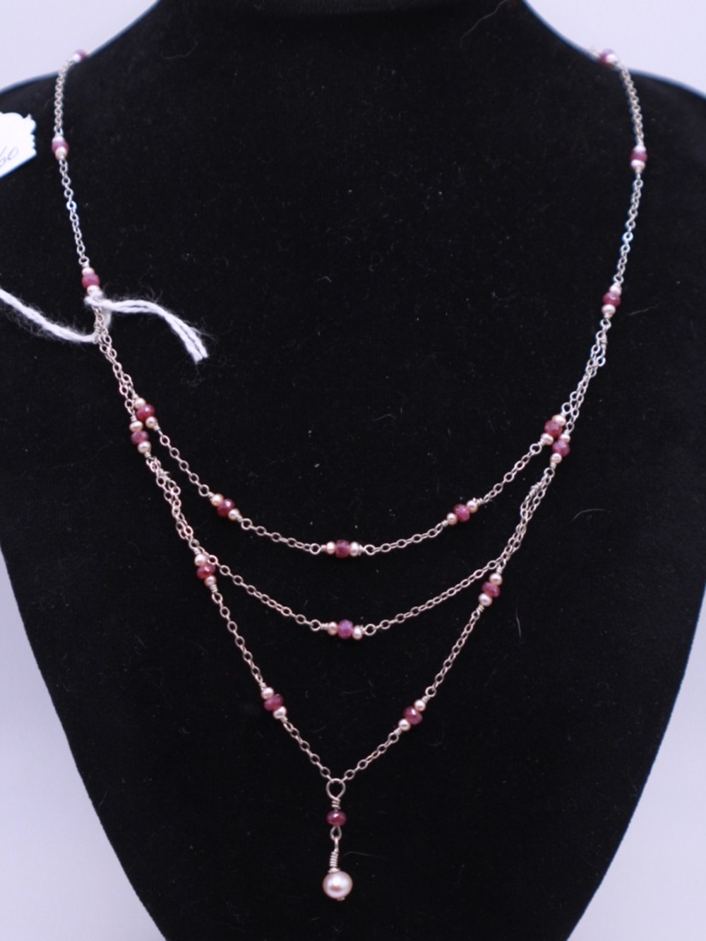 925 Sterling Silver Multi-Layer Genuine Pearl and Ruby Beaded Pendant Necklace